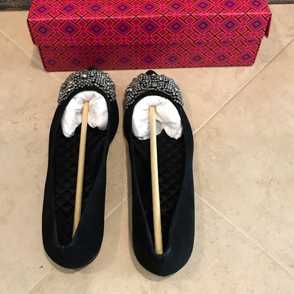 Tory Burch Esme Flat Black Suede Leather Crystal Diamond Bejeweled Shoes Size 7 - Picture 2 of 5
